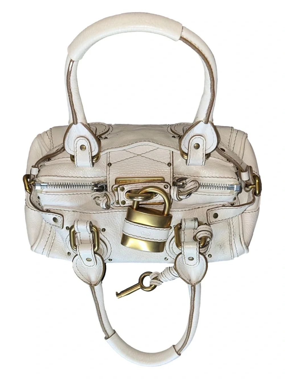 CHLOE Paddington Ivory Leather Mini Top Handle Bag with Lock and Key